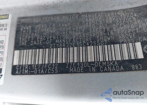 2005 Toyota Corolla S z USA, uszkodzony, nr VIN 2T1BR32E15C425507